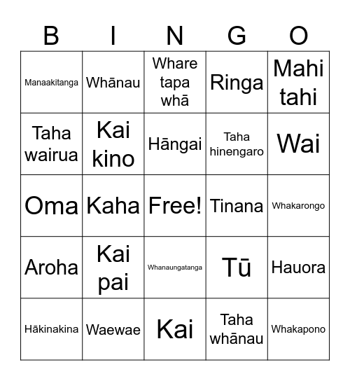 PE and Health Te Reo Maori Bingo Card