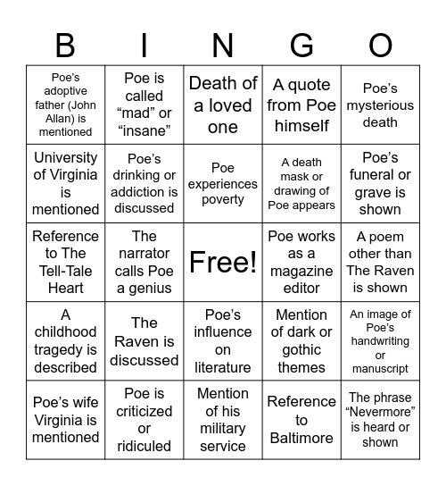 Poe Biography Bingo Card