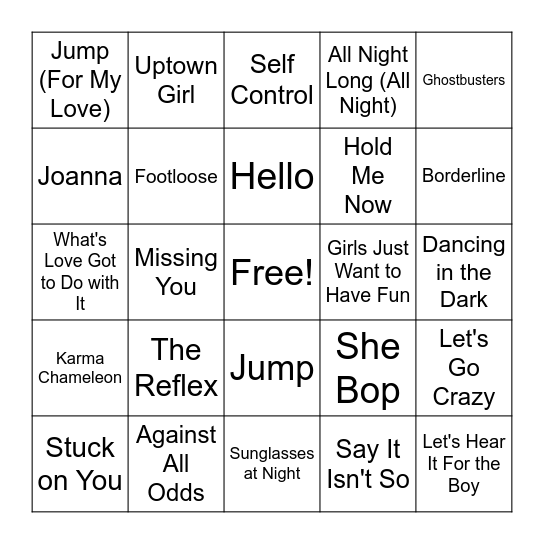 Billboard's Top 40 Songs of 1984 Bingo Card
