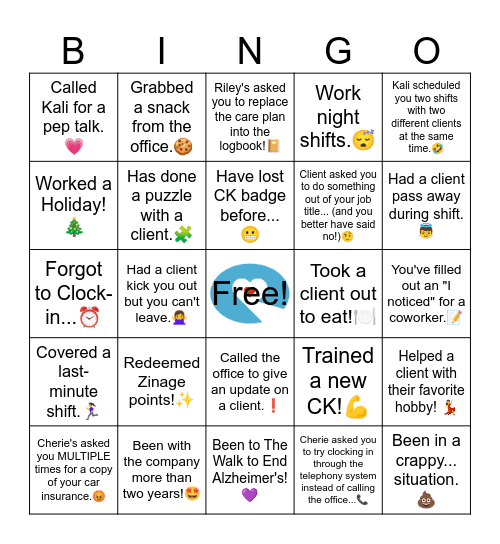 Comfort Keeper Bingo Card