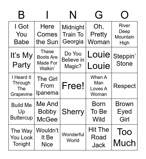 1960s Music Bingo Card