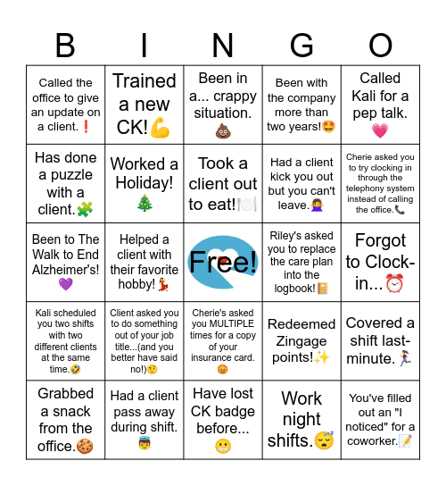 Comfort Keeper Bingo Card