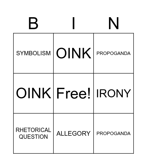 Animal Farm Bingo Card
