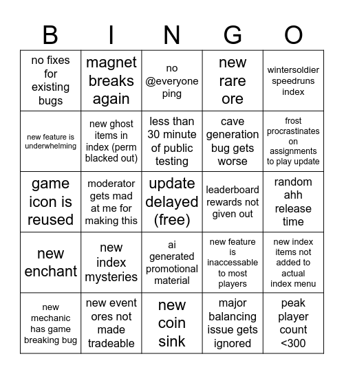 rarity miner update bingo Card