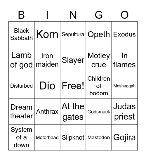 Metal band Bingo Card