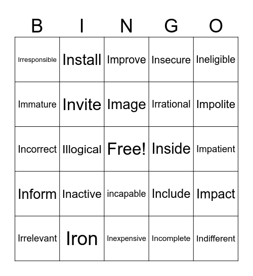 Prefix BINGO Card