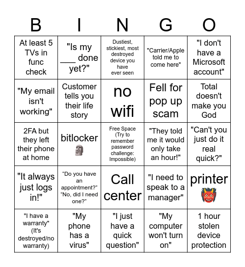 Geek Squad Bingo Card