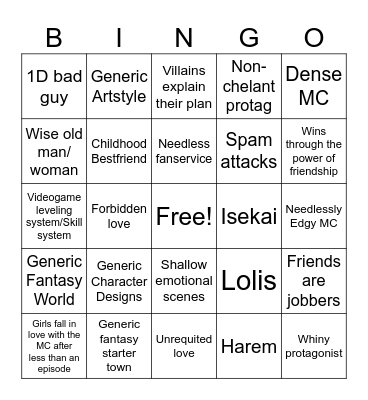 Generic Anime Bingo Card