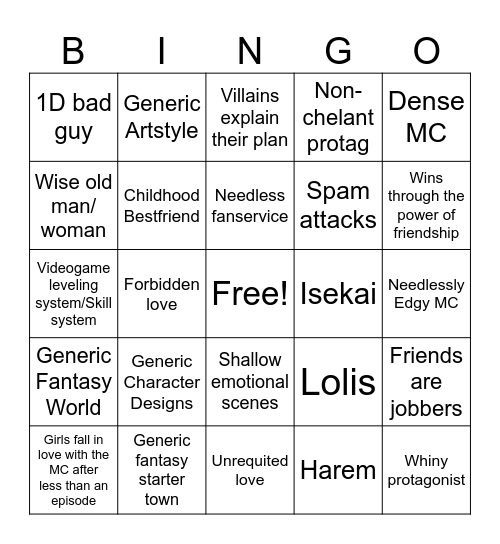 Generic Anime Bingo Card