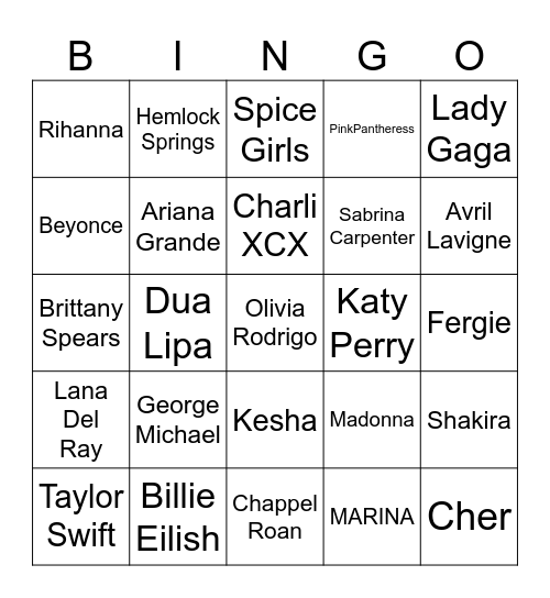 Pop Icons Bingo Card
