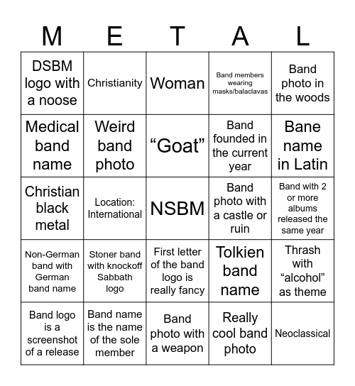 Metallum Bingo Card