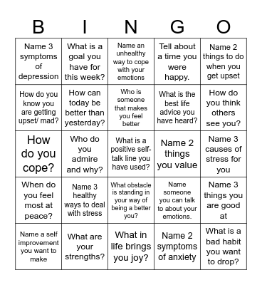 Mental Health Bingo Card