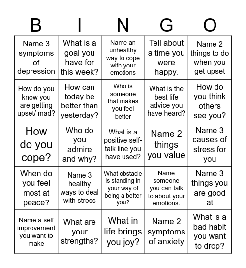 Mental Health Bingo Card