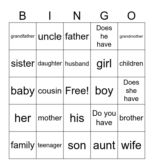 Family Member Bingo Card