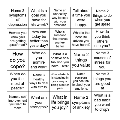 Mental Health Bingo Card