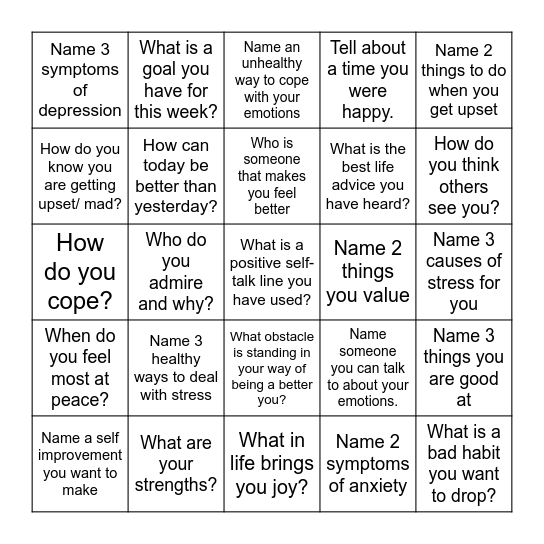Mental Health Bingo Card