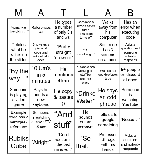 ME 021 Bingo Card