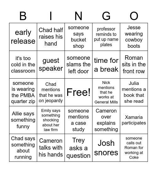Monday/Wednesday Bingo Card