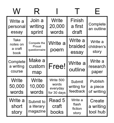 Writer Bingo Card