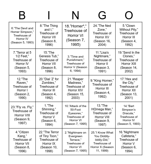 Best Treehouse of Horror Segments Bingo Card