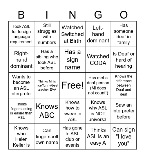 ASL BINGO Card