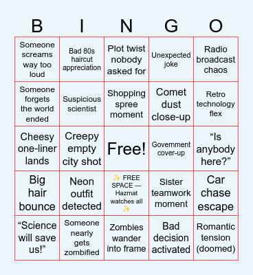 Night of the Comet Bingo Card