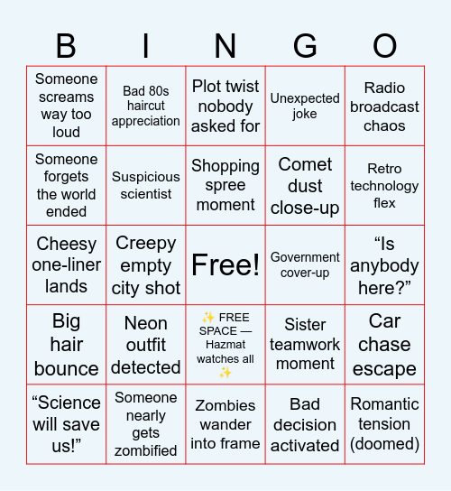 Night of the Comet Bingo Card
