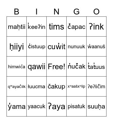 Nuu-chah-nulth Alphabet Practice Bingo Card