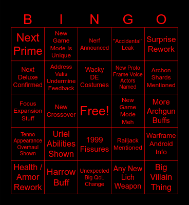 October 2025 Warframe Devstream Bingo Card