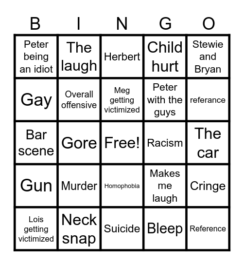 Family Guy Bingo Card