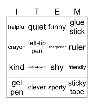 CHARACTER AND ITEMS Bingo Card