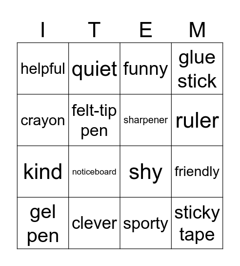 CHARACTER AND ITEMS Bingo Card