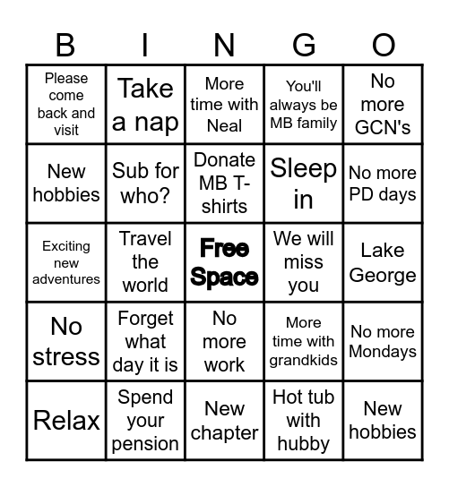 Patti's Retirement Bingo Card
