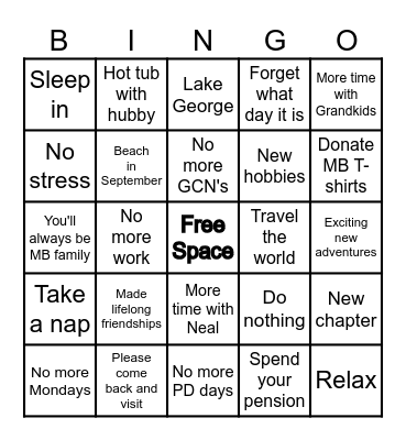 Patti's Retirement Bingo Card