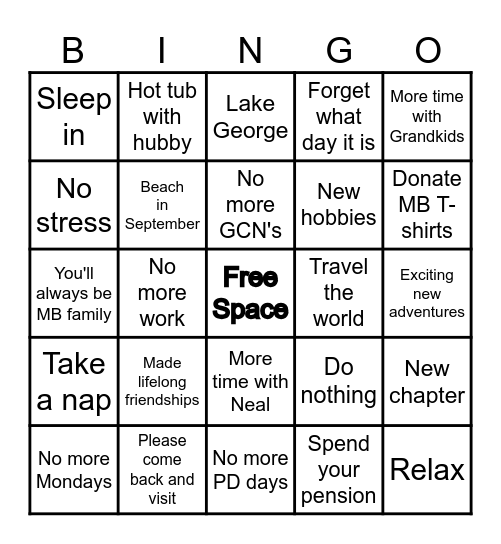 Patti's Retirement Bingo Card