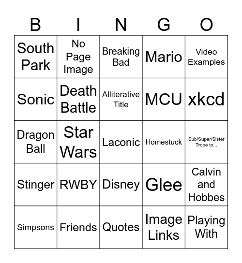 TVTropes Trope Page Bingo Card