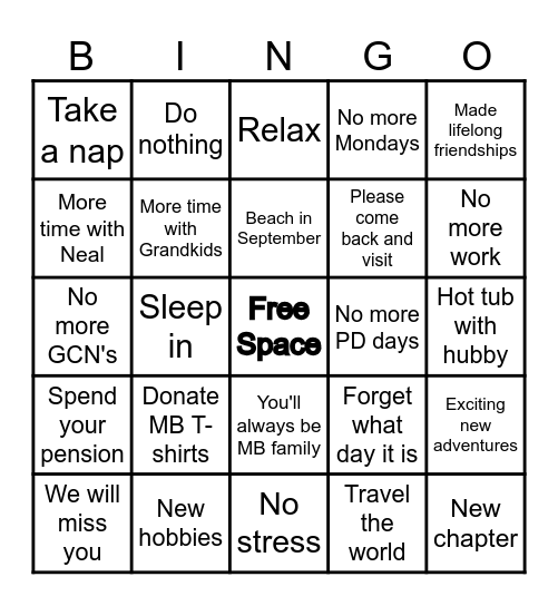 Patti's Retirement Bingo Card