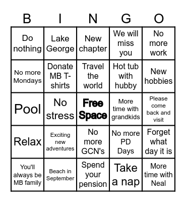Patti's Retirement Bingo Card