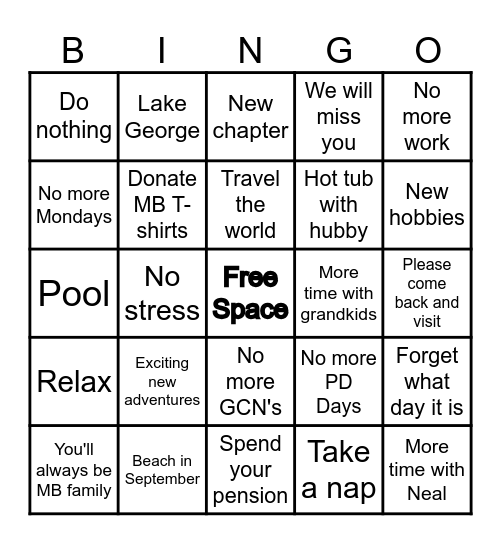 Patti's Retirement Bingo Card