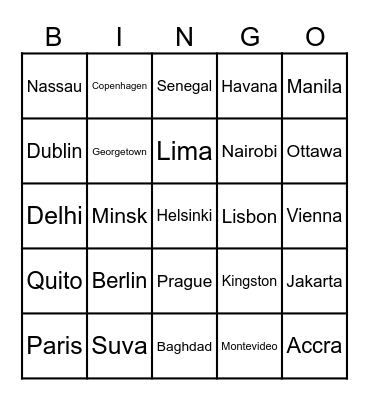 World Capitals Bingo Card