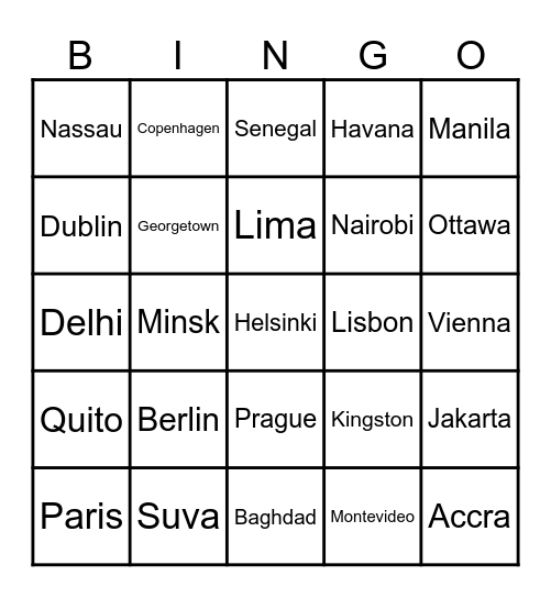 World Capitals Bingo Card