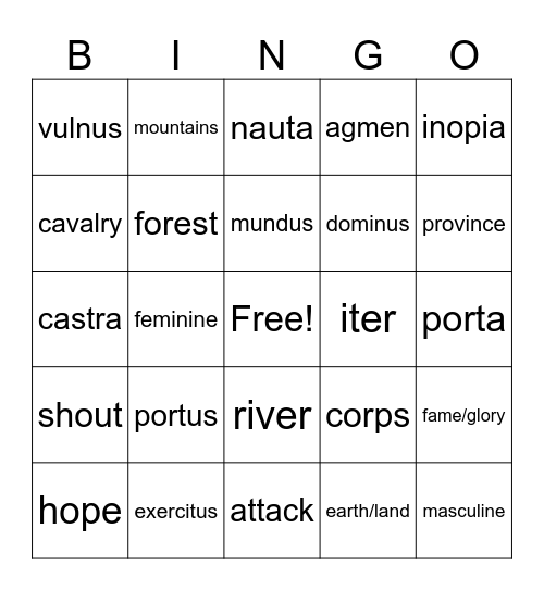Latin Vocabulary BINGO Card