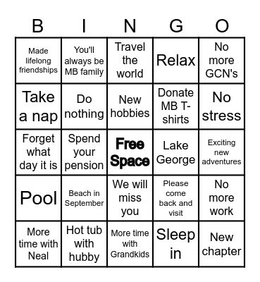 Patti's Retirement Bingo Card