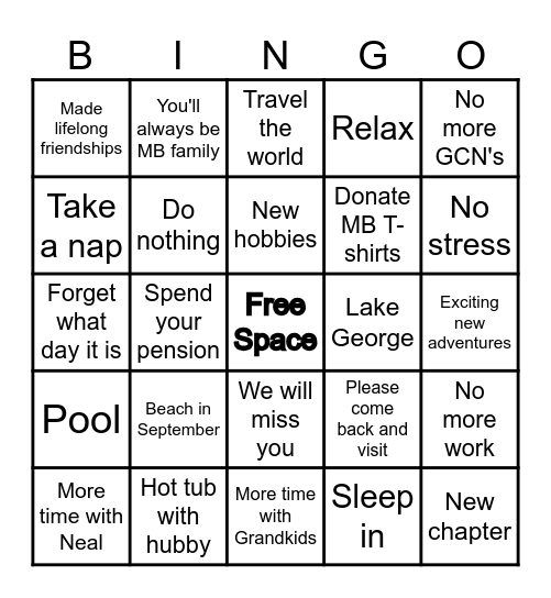 Patti's Retirement Bingo Card