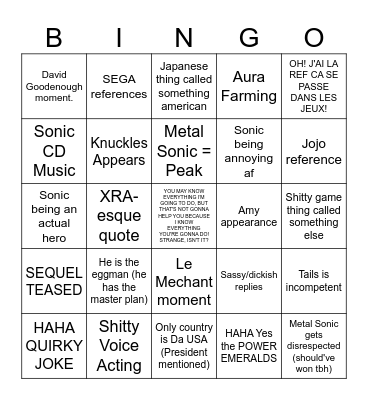Sonic OVA Bingo Card