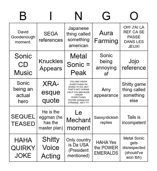 Sonic OVA Bingo Card