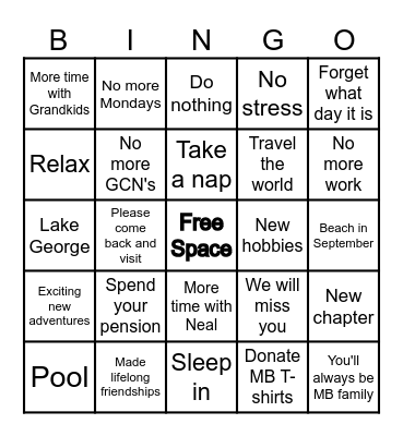 Patti's Retirement Bingo Card