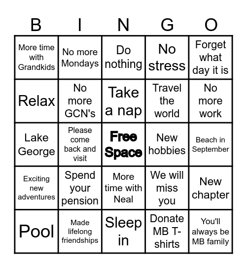 Patti's Retirement Bingo Card
