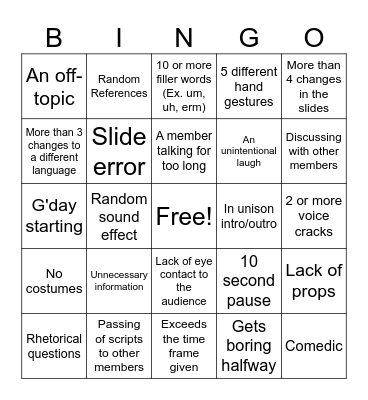 School Presentation Bingo Card