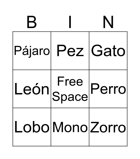 Spanish Animals Bingo Card